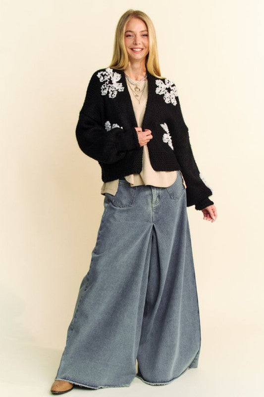 Davi & Dani Floral Applique Open Front Dropped Shoulder Cardigan Black Tops/Jackets/Sweaters Clothing Tops Davi & Dani Ship from USA TikTok Trendsi USPS Walmart Trendsi https://www.cyberehub.com