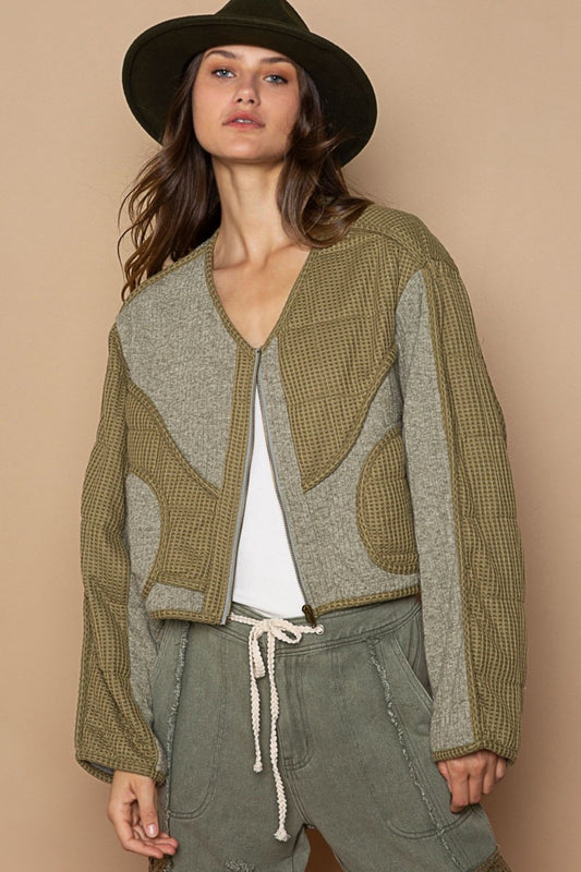 POL Quilted Knit Viding Detail Knit Patch Jacket Olive Shirt Apparel Clothing Tops POL Ship from USA Shirts USA Women Trendsi https://www.cyberehub.com