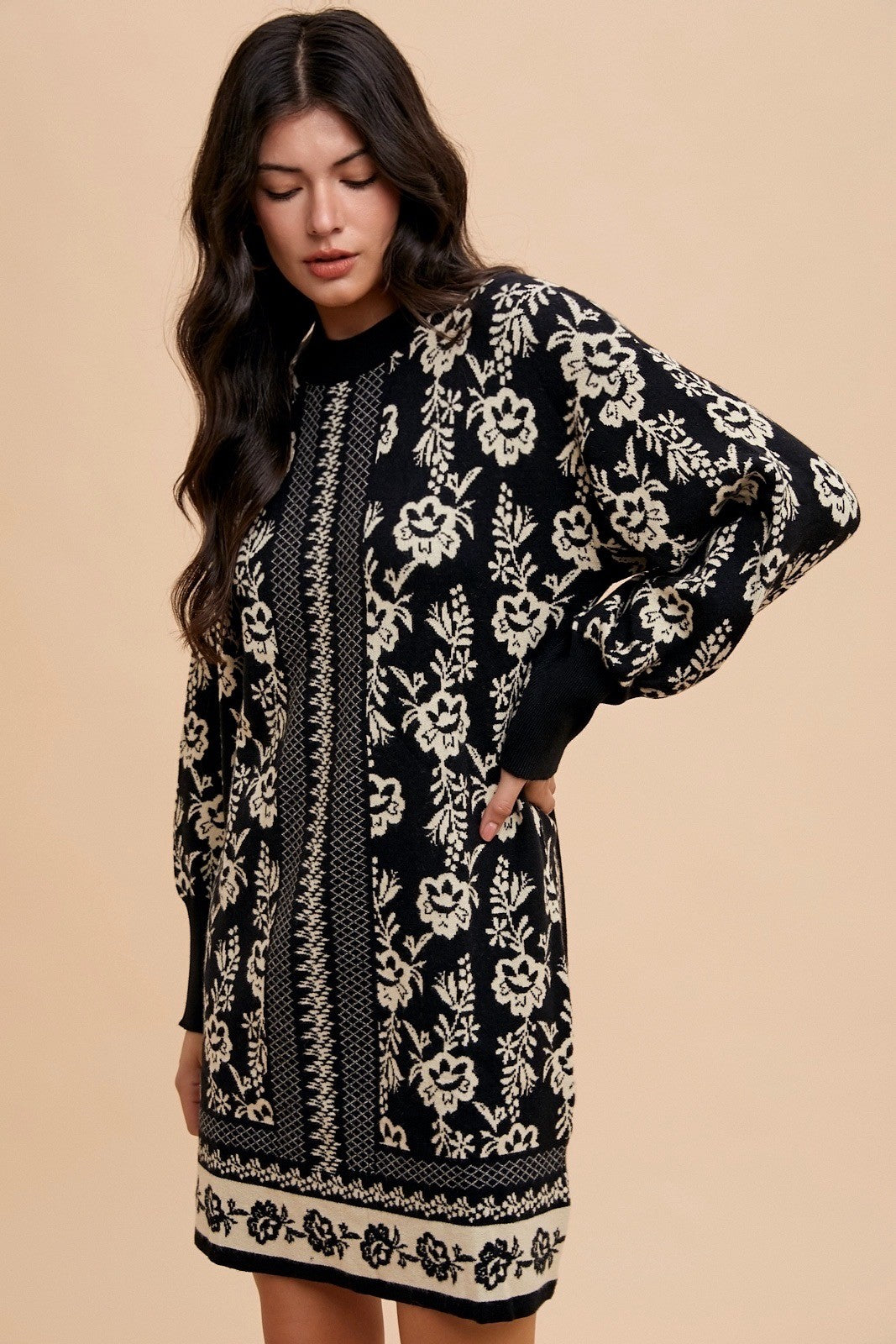 Annie Wear Floral Jacquard Round Neck Sweater Dress Apparel Annie Wear Apparel Ship from USA TikTok Trendsi Trendsi https://www.cyberehub.com