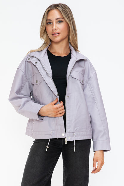 How Dare U Drawstring Hem PU Leather Zip Up Jacket Apparel Featured How Dare U Ship from USA Tiktok Trendsi USA USPS Walmart Trendsi https://www.cyberehub.com
