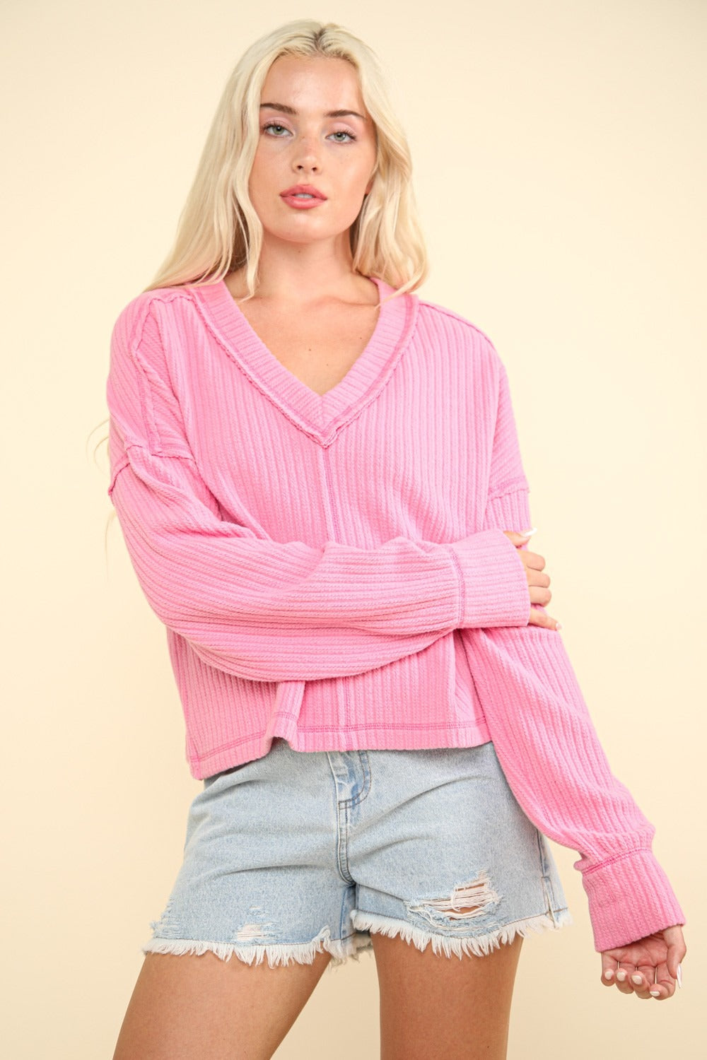 VERY J Exposed Seam V-Neck Ribbed Knit Top Pink Shirt Apparel Clothing Tops Ship from USA Shirts USA VERY J Women Trendsi https://www.cyberehub.com