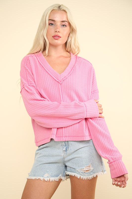VERY J Exposed Seam V-Neck Ribbed Knit Top Pink Shirt Apparel Clothing Tops Ship from USA Shirts USA VERY J Women Trendsi https://www.cyberehub.com