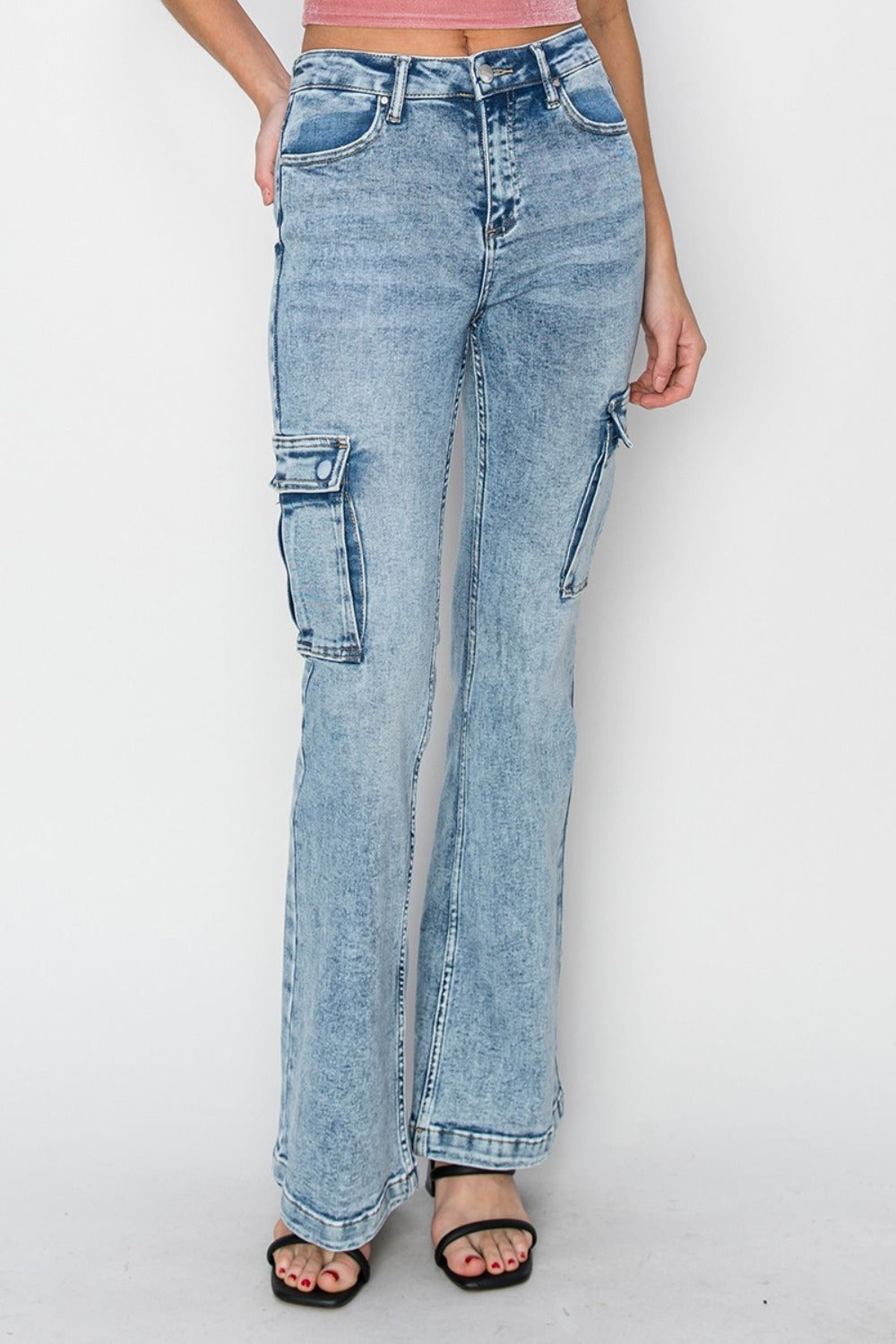 RISEN Full Size High Rise Cargo Flare Jeans Bottoms Bottoms Clothing RISEN Ship from USA Women Trendsi https://www.cyberehub.com