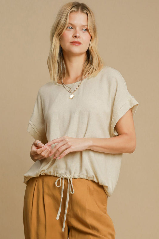 Umgee Drawstring Hem Round Neck Short Sleeve T-Shirt Oatmeal Apparel/Tops Ship from USA TikTok Tops Trendsi Umgee USA USPS Walmart Walmart Apparel Trendsi https://www.cyberehub.com