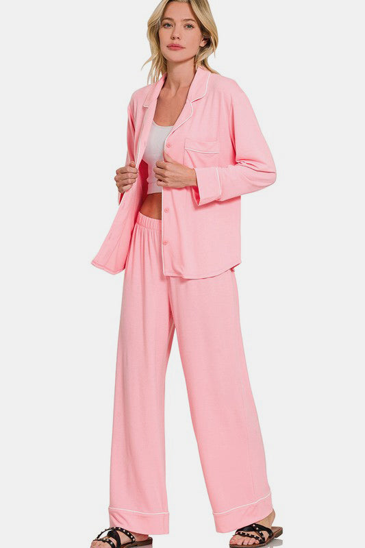 Zenana Button Down Long Sleeve Top and Pants Lounge Set Apparel Apparel Ship from USA TikTok Trendsi Zenana Trendsi https://www.cyberehub.com