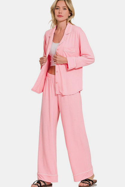 Zenana Button Down Long Sleeve Top and Pants Lounge Set Apparel Apparel Ship from USA TikTok Trendsi Zenana Trendsi https://www.cyberehub.com