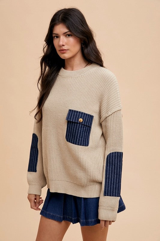 Annie Wear Contrast Round Neck Drop Shoulder Sweater with Patch Pocket Apparel Annie Wear Apparel Ship from USA TikTok Trendsi Trendsi https://www.cyberehub.com