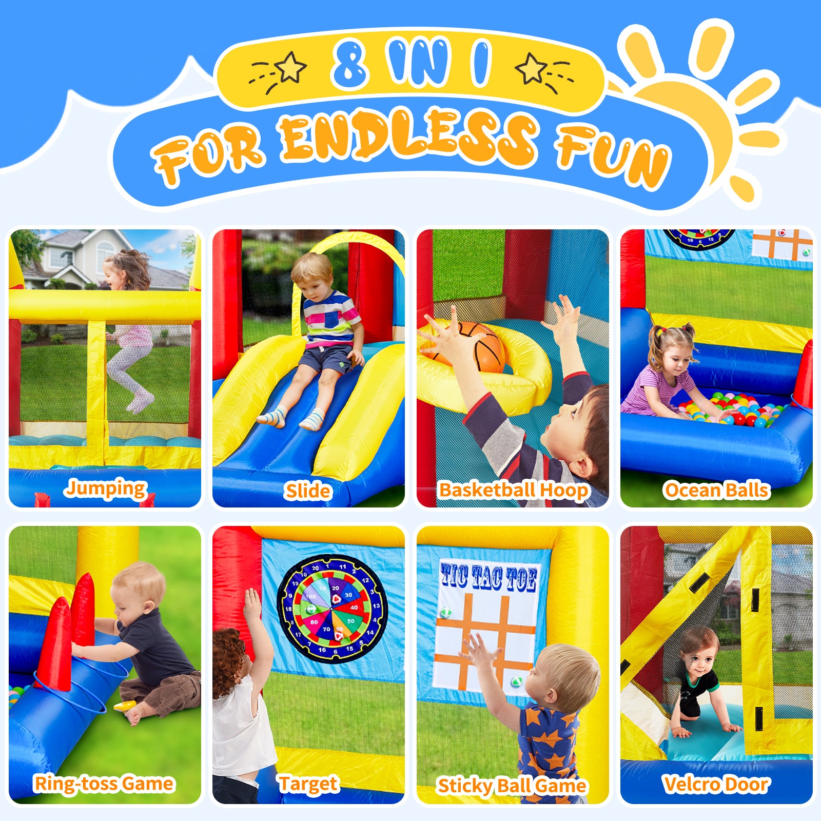 8 in 1 Inflatable Bounce House with Blower Basketball Hoop Ocean Balls Ring-toss Game Target and Sticky Ball Game for Kids Car Giga GNJ Out of stock Toys Walmart Giga https://www.cyberehub.com