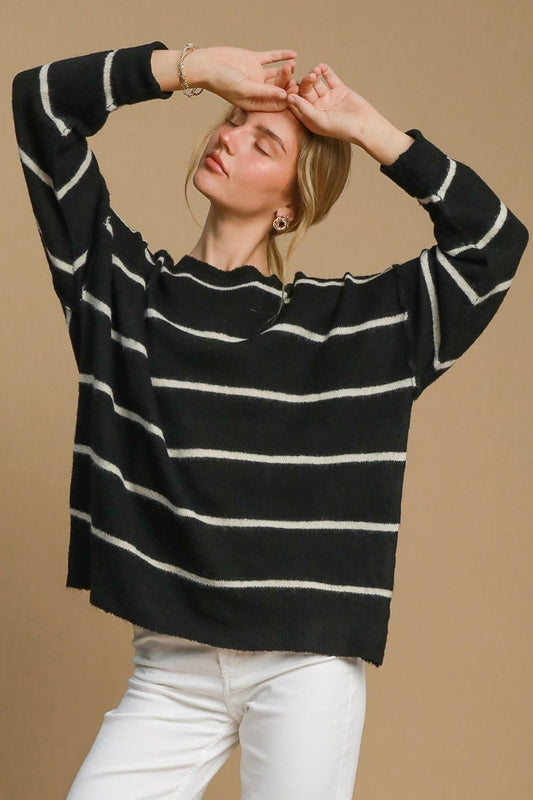 Umgee Wool Blend Striped Round Neck Sweater Black Cream Tops/Jackets/Sweaters Clothing Tops Ship from USA TikTok Trendsi Umgee USA USPS Walmart Trendsi https://www.cyberehub.com