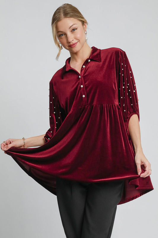 Umgee Pearl Detail Collared Neck Velvet Babydoll Blouse Burgundy Apparel/Tops Ship from USA TikTok Tops Trendsi Umgee USA USPS Walmart Walmart Apparel Trendsi https://www.cyberehub.com