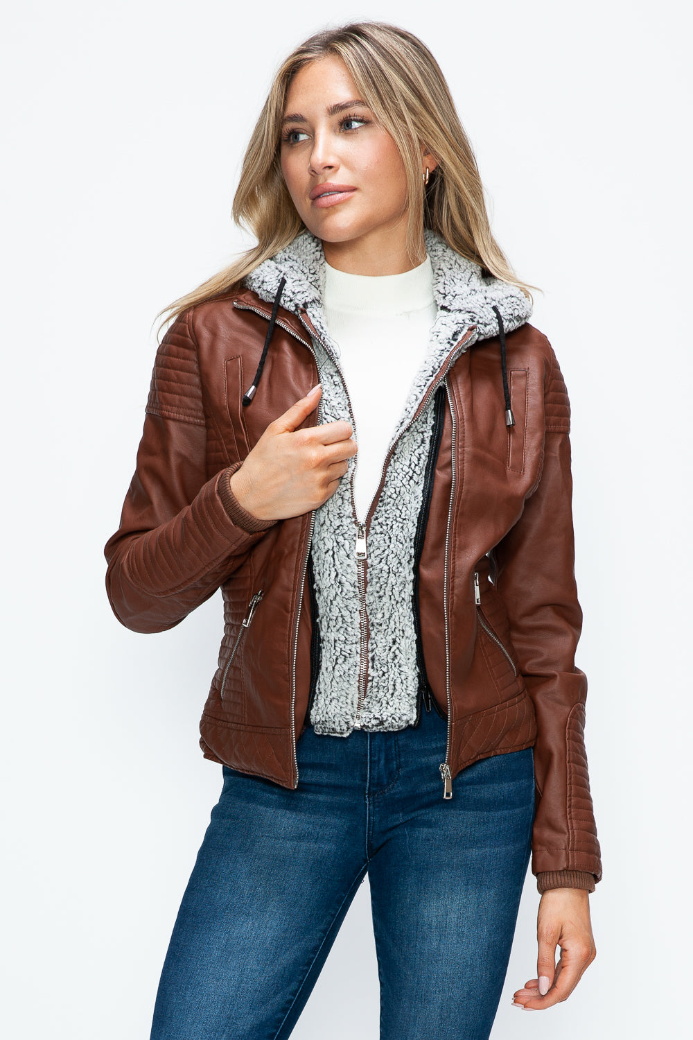 YMI Faux Layered Double-Zipper Jacket with Fuzzy Hood Tops/Jackets/Sweaters Clothing Tops Ship from USA TikTok Trendsi USPS Walmart YMI outerwear Trendsi https://www.cyberehub.com