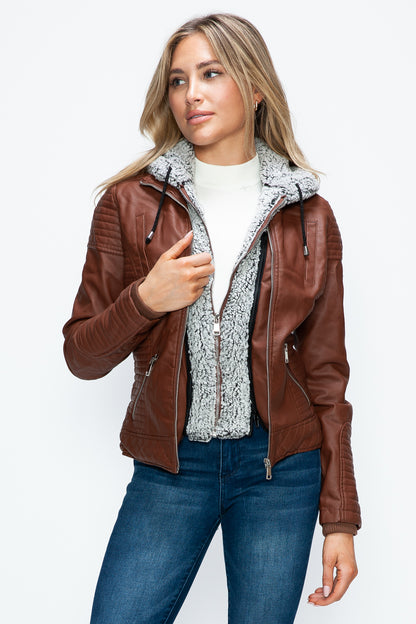 YMI Faux Layered Double-Zipper Jacket with Fuzzy Hood Tops/Jackets/Sweaters Clothing Tops Ship from USA TikTok Trendsi USPS Walmart YMI outerwear Trendsi https://www.cyberehub.com