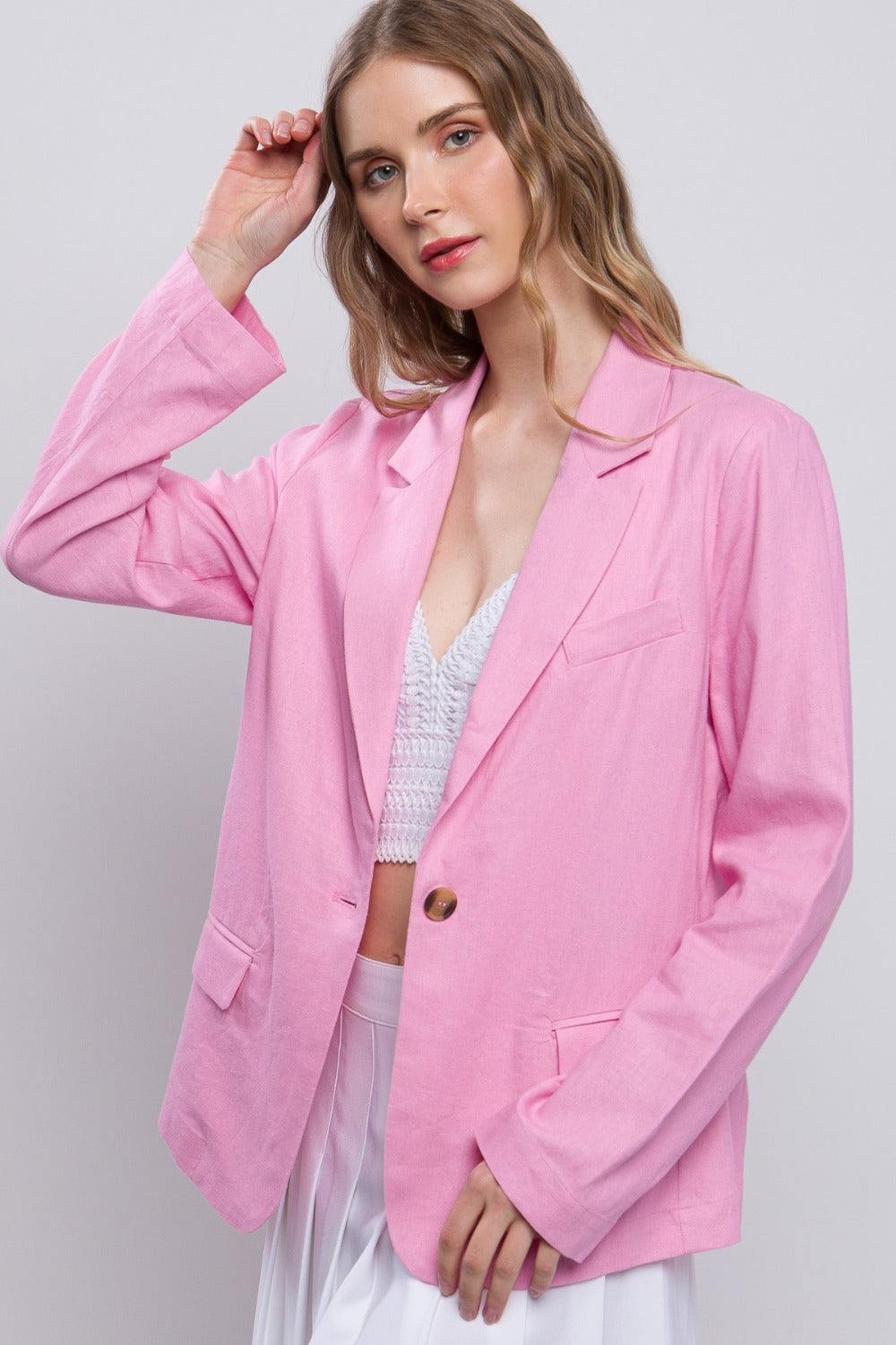 Love Tree One-Button Long Sleeve Linen Blazer Pink Shirt Apparel Clothing Tops LOVE TREE Ship from USA Shirts USA Women Trendsi https://www.cyberehub.com