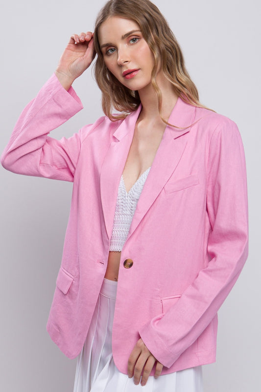 Love Tree One-Button Long Sleeve Linen Blazer Pink Shirt Apparel Clothing Tops LOVE TREE Ship from USA Shirts USA Women Trendsi https://www.cyberehub.com