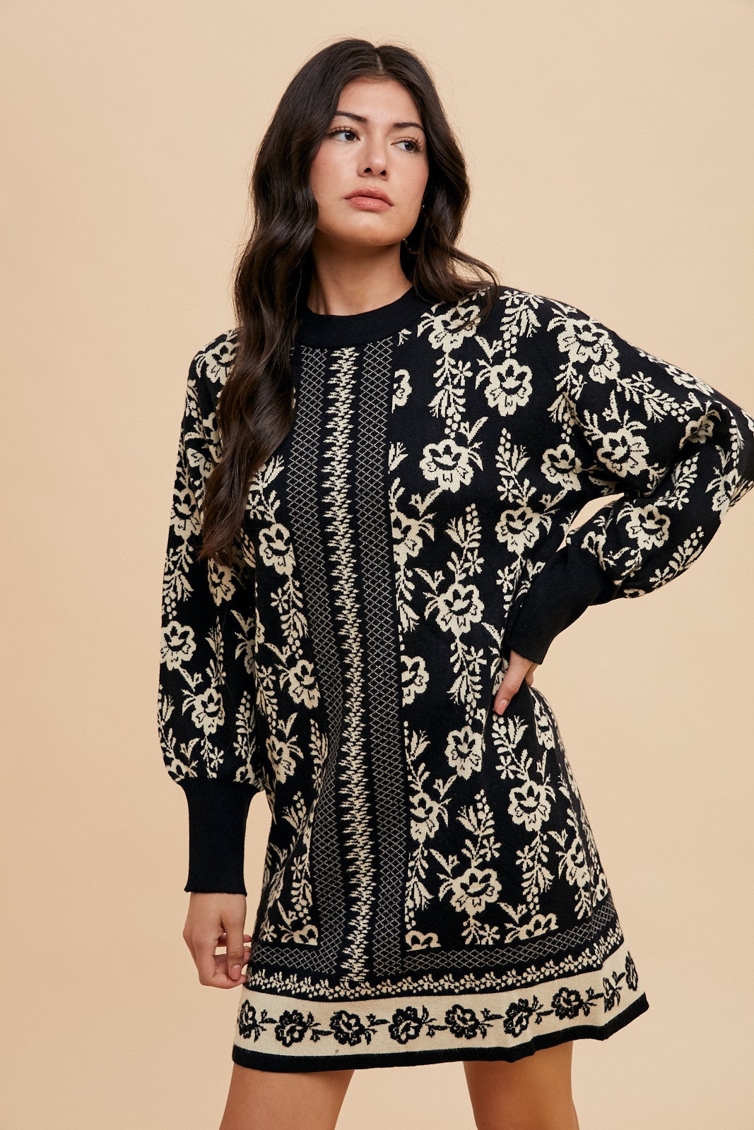 Annie Wear Floral Jacquard Round Neck Sweater Dress Apparel Annie Wear Apparel Ship from USA TikTok Trendsi Trendsi https://www.cyberehub.com