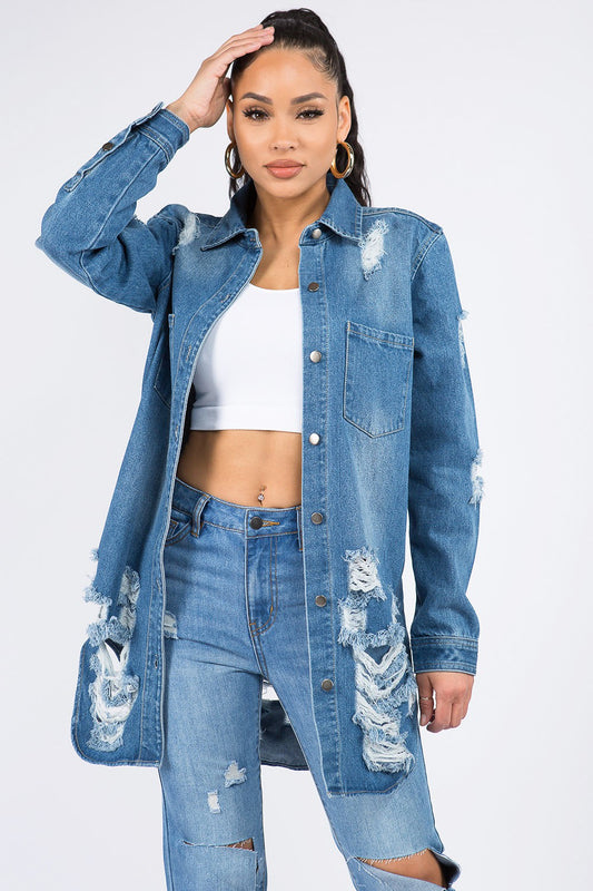 American Bazi Distressed Button Down Denim Shirt Jacket Medium Blue Shirt American Bazi Apparel Clothing Tops Ship from USA Shirts USA Women Trendsi https://www.cyberehub.com