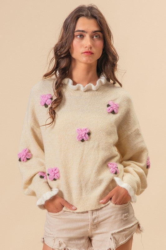 BiBi Ruffled Crochet Flower Dropped Shoulder Sweater Cream Tops/Jackets/Sweaters BiBi Clothing Tops Ship from USA TikTok Trendsi USPS Walmart Trendsi https://www.cyberehub.com