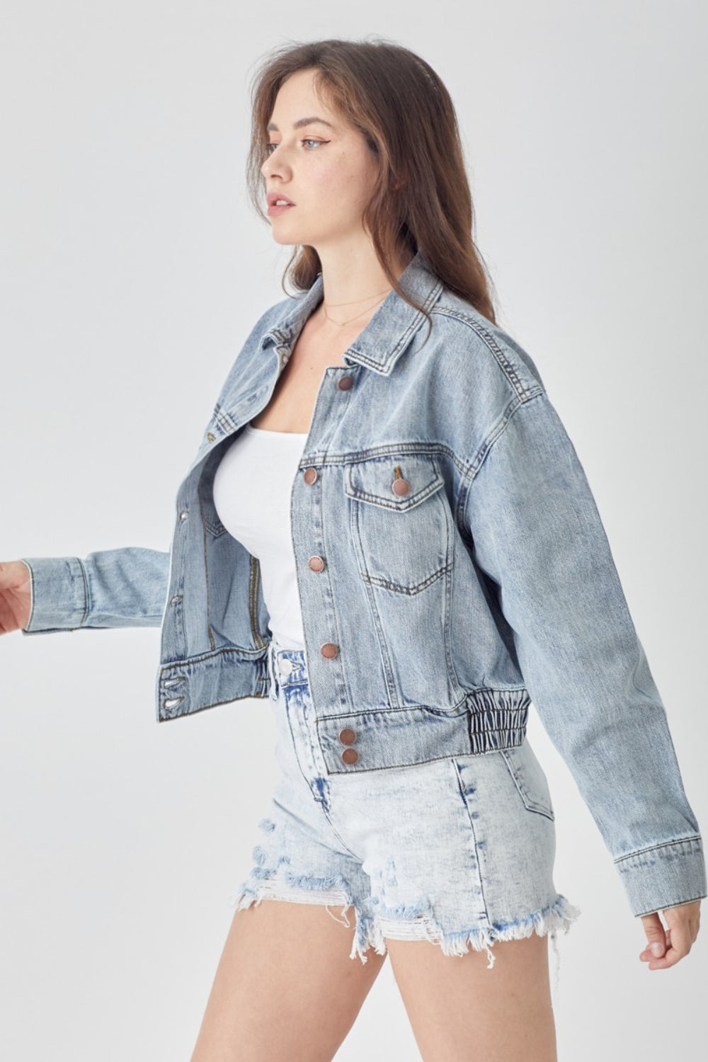RISEN Full Size Button Down Cropped Denim Jacket Shirt Apparel Clothing Tops RISEN Ship from USA Shirts USA Women Trendsi https://www.cyberehub.com