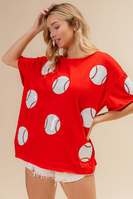 BiBi Sequin Baseball Drop Shoulder Short Sleeve T-Shirt Red Tops/Jackets/Sweaters BiBi Clothing Tops Ship from USA TikTok Trendsi USPS Walmart Trendsi https://www.cyberehub.com
