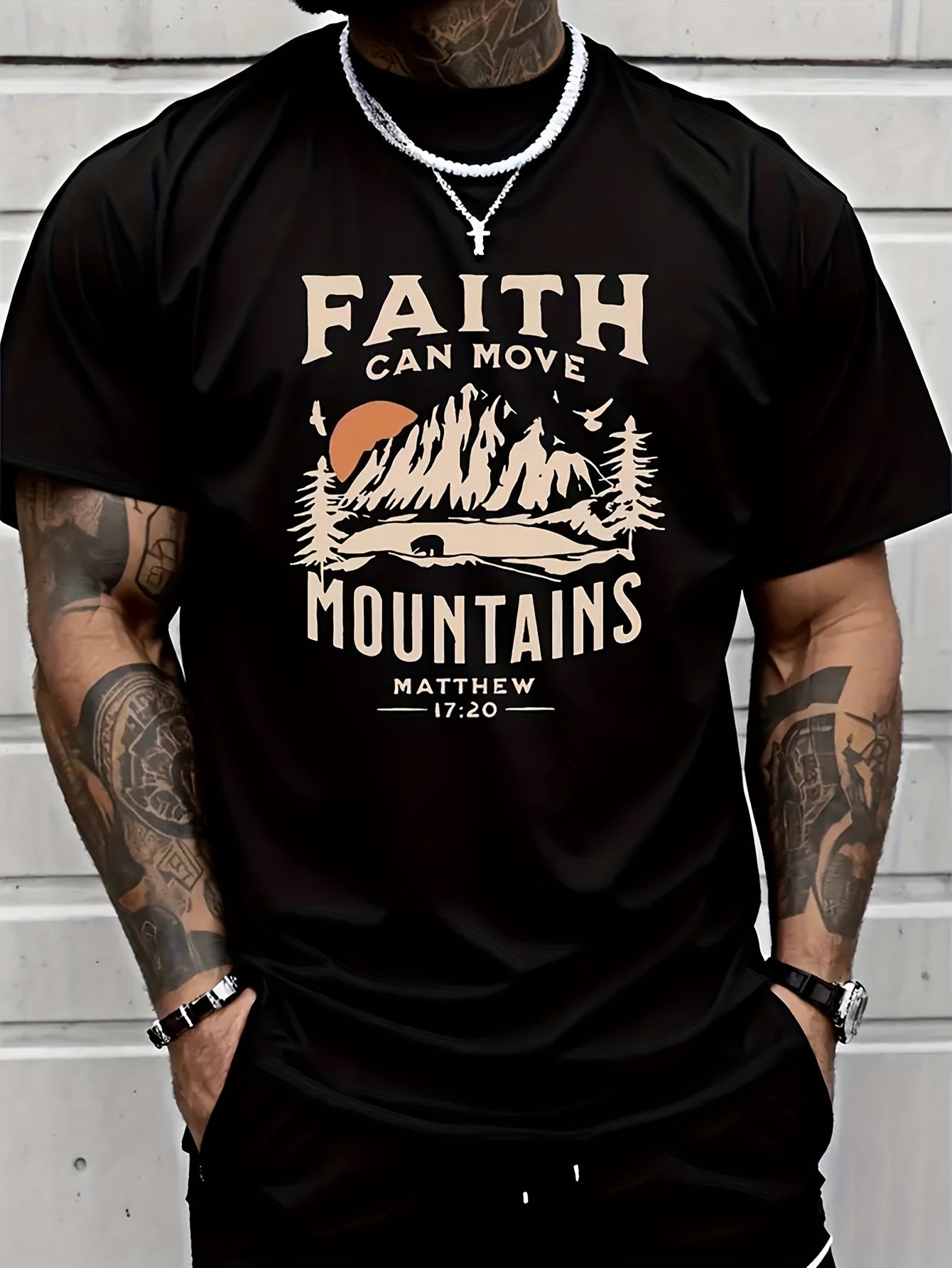 FAITH CAN MOVE MOUNDAINS Men's Round Neck Short Sleeved T-shirt With Letter Print, Casual Summer T-shirt, Suitable For Daily Wear And Vacation Destinations Apparel/Shirt/Graphic Shirt SNULLO https://www.cyberehub.com