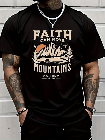 FAITH CAN MOVE MOUNDAINS Men's Round Neck Short Sleeved T-shirt With Letter Print, Casual Summer T-shirt, Suitable For Daily Wear And Vacation Destinations Apparel/Shirt/Graphic Shirt SNULLO https://www.cyberehub.com