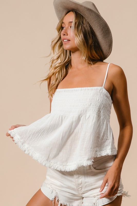 BiBi Fringed Hem Smocked Cami Off White Apparel/Tops BiBi Ship from USA TikTok Tops Trendsi USPS Walmart Walmart Apparel Trendsi https://www.cyberehub.com