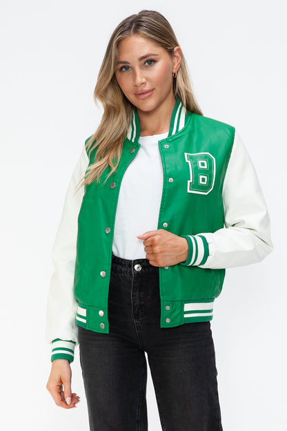 Love Me Now PU Leather Contrast Snap Down Bomber Jacket Tops/Jackets/Sweaters Clothing Tops Love Me Now Ship from USA TikTok Trendsi USPS Walmart Trendsi https://www.cyberehub.com