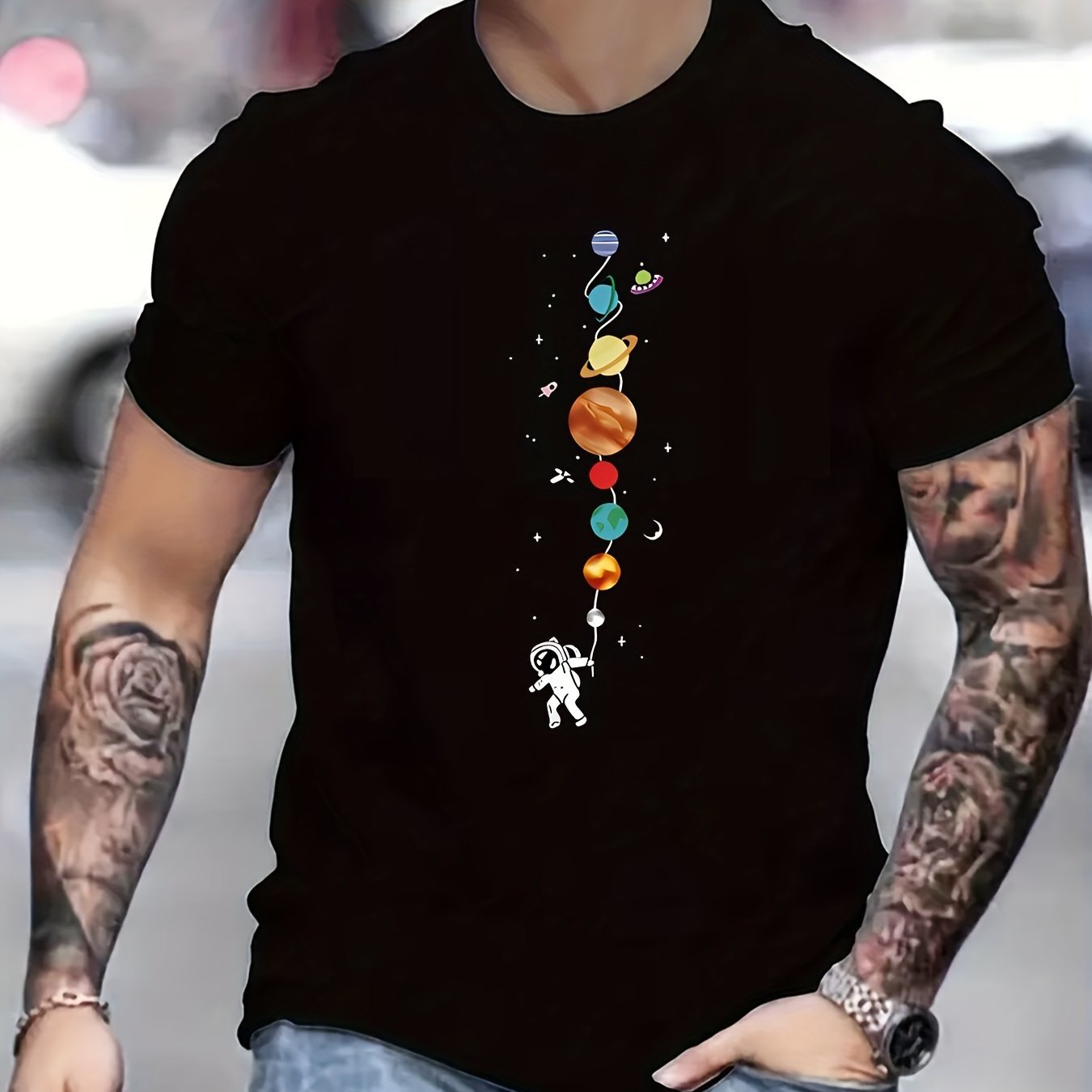 Astronaut And Planet Graphic Printed Casual Round Neck Men's Short Sleeved Shirt, Quick Drying Comfortable Casual Summer T-shirt, Suitable For Daily Wear, Exercise And Vacation Destinations Black Apparel/Shirt/Graphic Shirt SNULLO https://www.cyberehub.com