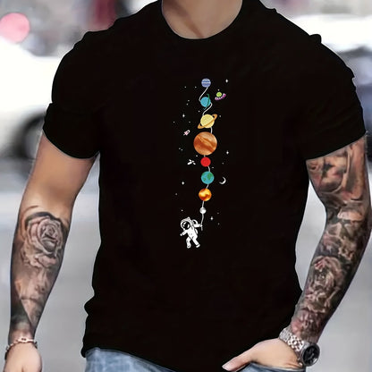 Astronaut And Planet Graphic Printed Casual Round Neck Men's Short Sleeved Shirt, Quick Drying Comfortable Casual Summer T-shirt, Suitable For Daily Wear, Exercise And Vacation Destinations Black Apparel/Shirt/Graphic Shirt SNULLO https://www.cyberehub.com