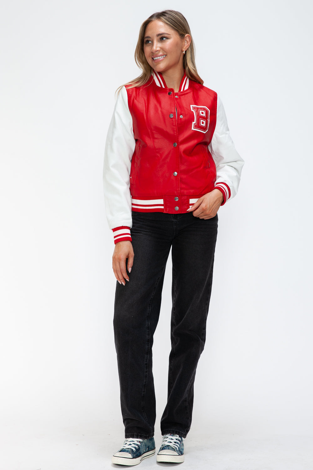 Love Me Now PU Leather Contrast Snap Down Bomber Jacket Tops/Jackets/Sweaters Clothing Tops Love Me Now Ship from USA TikTok Trendsi USPS Walmart Trendsi https://www.cyberehub.com