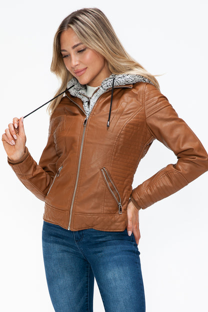 YMI Faux Layered Double-Zipper Jacket with Fuzzy Hood Tops/Jackets/Sweaters Clothing Tops Ship from USA TikTok Trendsi USPS Walmart YMI outerwear Trendsi https://www.cyberehub.com