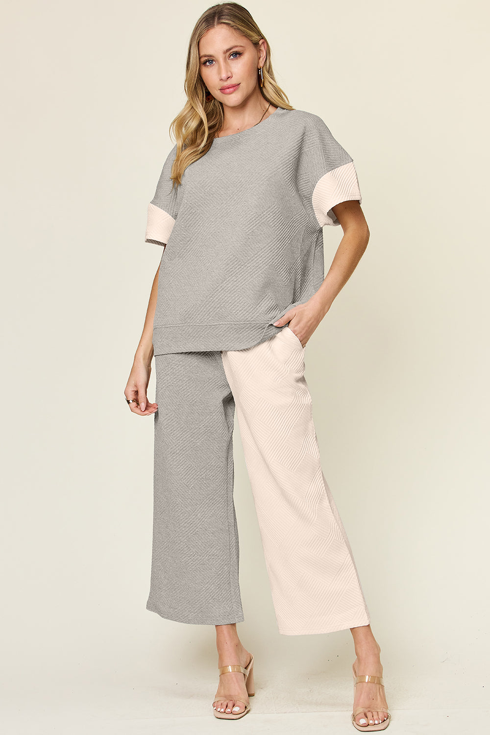 Double Take Full Size Texture Contrast T-Shirt and Wide Leg Pants Set Light Gray Apparel/Tops Double Take Ship from USA TikTok Tops Trendsi USPS Walmart Walmart Apparel Trendsi https://www.cyberehub.com