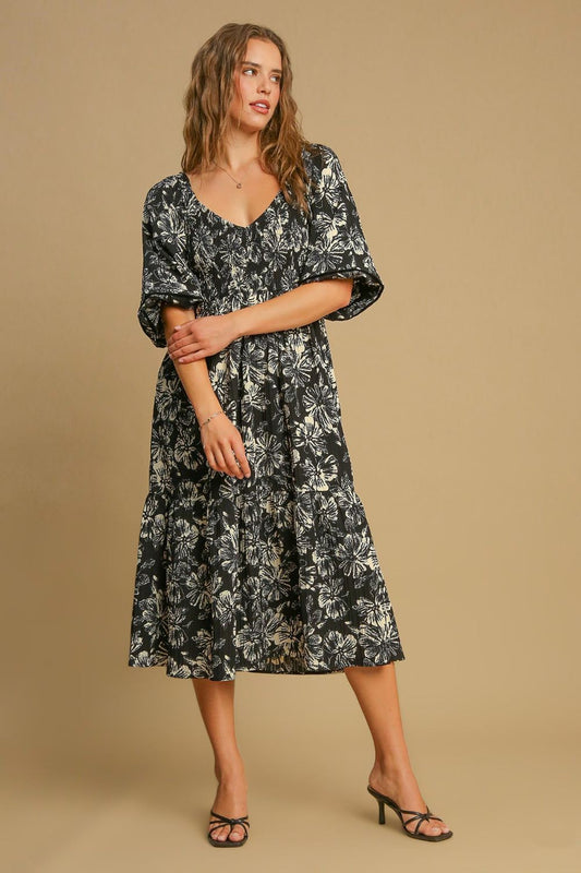 Umgee Ruffle Hem Flower Printed V-Neck Dress Black Apparel/Dress Dress Ship from USA TikTok Trendsi Umgee USA USPS Walmart Walmart Apparel Trendsi https://www.cyberehub.com