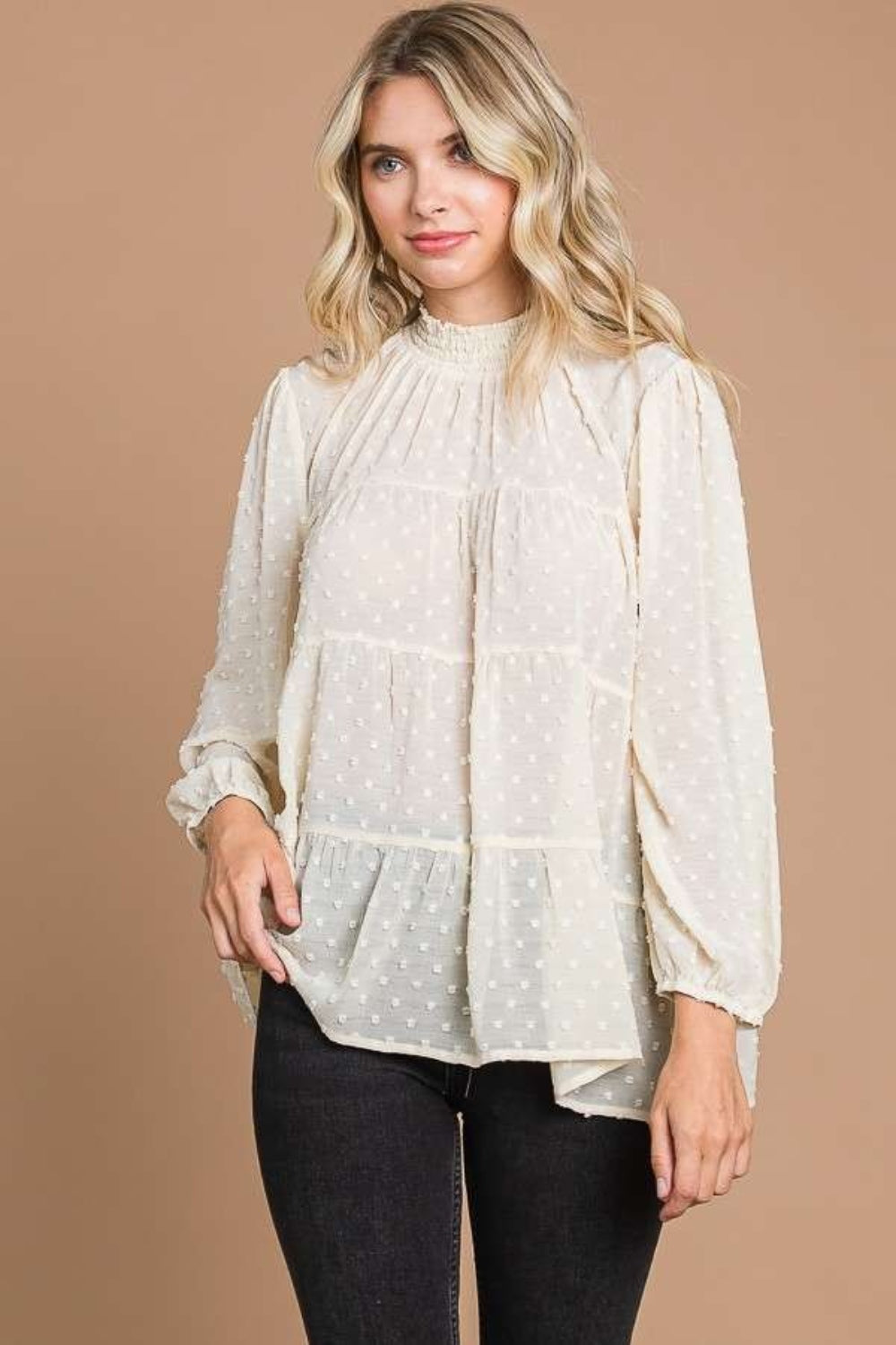 Culture Code Full Size Swiss Dot Smocked Mock Neck Blouse IVORY CREAM Apparel/Tops Culture Code Ship from USA TikTok Tops Trendsi USPS Walmart Walmart Apparel Trendsi https://www.cyberehub.com