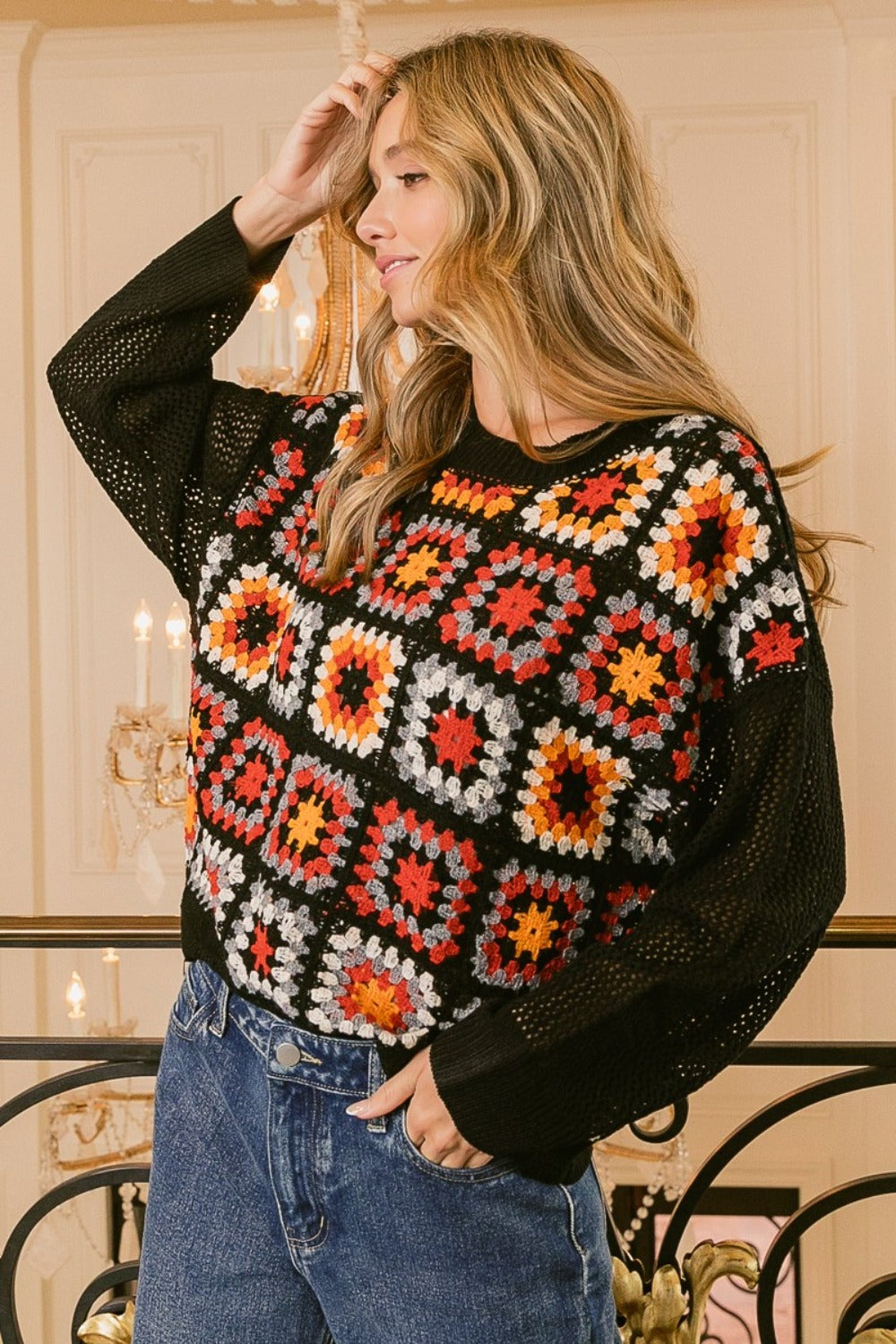 BiBi Granny Square Front Long Sleeve Top Shirt Apparel BiBi Clothing Tops Ship from USA Shirts USA Women Trendsi https://www.cyberehub.com