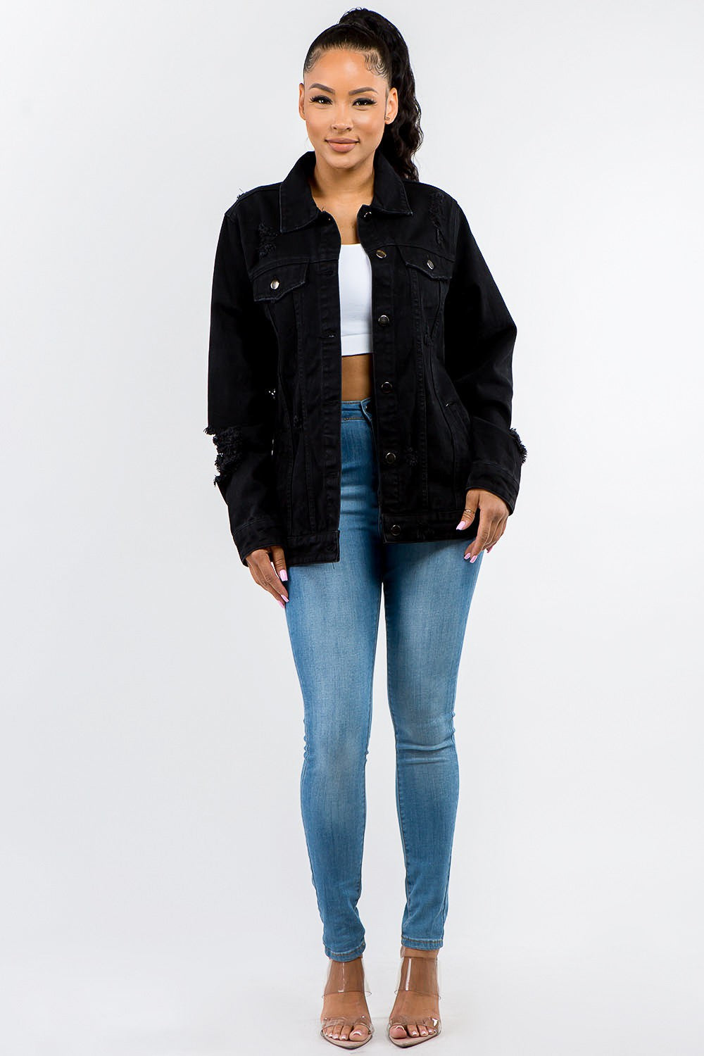 American Bazi Full Size Button Up Distressed Denim Jacket Tops/Jackets/Sweaters American Bazi Clothing Tops Ship from USA TikTok Trendsi USPS Walmart Trendsi https://www.cyberehub.com