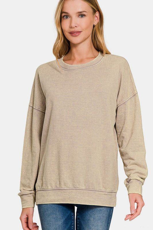 Zenana Washed Round Neck Dropped Shoulder Sweatshirt Khaki Apparel/Tops Ship from USA TikTok Tops Trendsi USPS Walmart Walmart Apparel Zenana Trendsi https://www.cyberehub.com