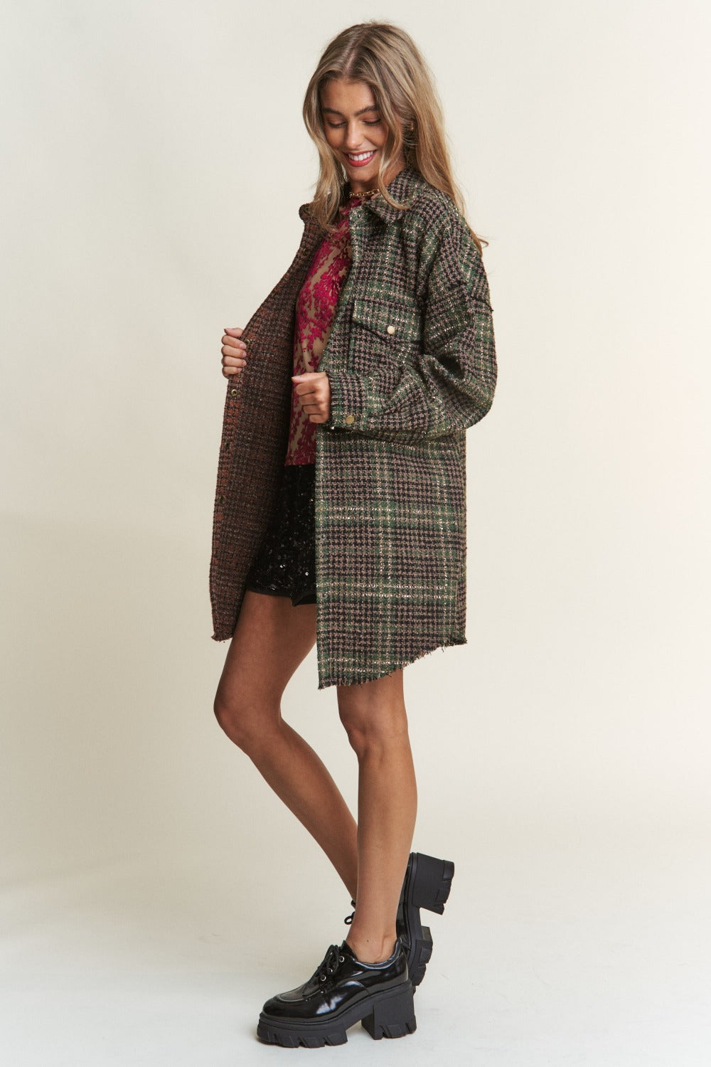 J.NNA Snap Down Tweed Plaid Contrast Longline Shacket Tops/Jackets/Sweaters Clothing Tops J.NNA Ship from USA TikTok Trendsi USPS Walmart Trendsi https://www.cyberehub.com