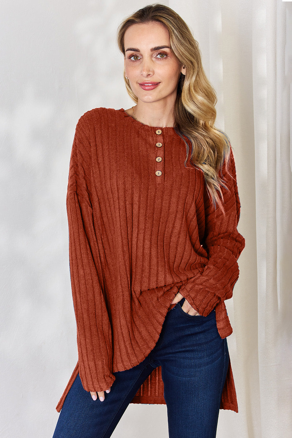 Basic Bae Full Size Ribbed Half Button Long Sleeve High-Low T-Shirt Rust Apparel/Tops Basic Bae Ship from USA TikTok Tops Trendsi USPS Walmart Walmart Apparel Trendsi https://www.cyberehub.com