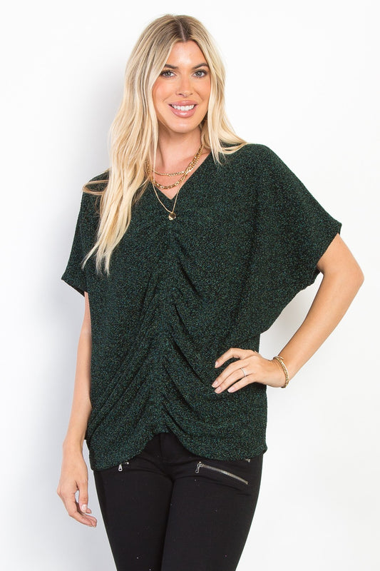Be Stage Full Size Lurex Center Elastic Cinched Knit Top Hunter Green Shirt Apparel BE Stage Clothing Tops Ship from USA Shirts USA Women Trendsi https://www.cyberehub.com