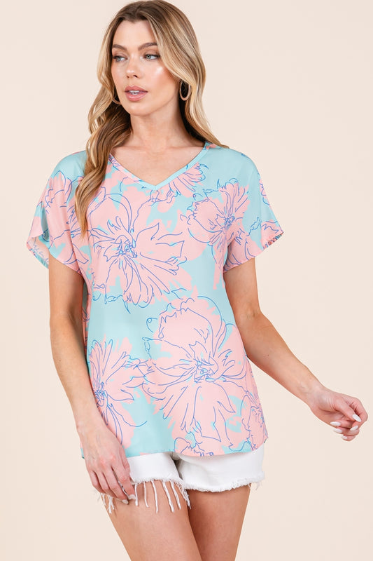 BOMBOM Floral Short Sleeve T-Shirt Aqua-Pink Apparel/Tops BOMBOM Ship from USA TikTok Tops Trendsi USPS Walmart Walmart Apparel Trendsi https://www.cyberehub.com