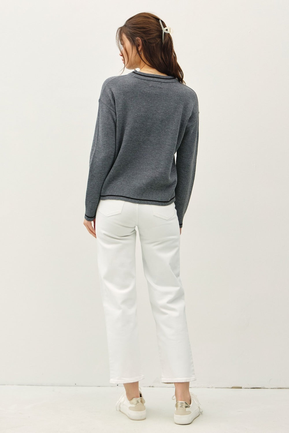 Be Cool Striped Trim Round Neck Long Sleeve Sweater Tops/Jackets/Sweaters BE COOL Clothing Tops Ship from USA TikTok Trendsi USPS Walmart Trendsi https://www.cyberehub.com