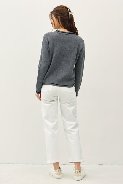 Be Cool Striped Trim Round Neck Long Sleeve Sweater Tops/Jackets/Sweaters BE COOL Clothing Tops Ship from USA TikTok Trendsi USPS Walmart Trendsi https://www.cyberehub.com