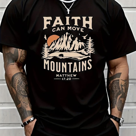 FAITH CAN MOVE MOUNDAINS Men's Round Neck Short Sleeved T-shirt With Letter Print, Casual Summer T-shirt, Suitable For Daily Wear And Vacation Destinations Apparel/Shirt/Graphic Shirt SNULLO https://www.cyberehub.com