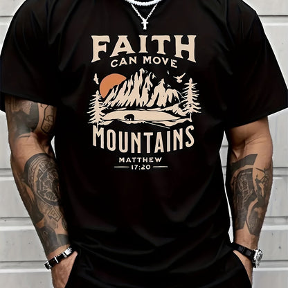 FAITH CAN MOVE MOUNDAINS Men's Round Neck Short Sleeved T-shirt With Letter Print, Casual Summer T-shirt, Suitable For Daily Wear And Vacation Destinations Black Apparel/Shirt/Graphic Shirt SNULLO https://www.cyberehub.com