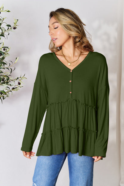 Double Take Half Button Long Sleeve Ruffle Hem Blouse Apparel/Tops Double Take Ship from USA TikTok Tops Trendsi USPS Walmart Walmart Apparel Trendsi https://www.cyberehub.com