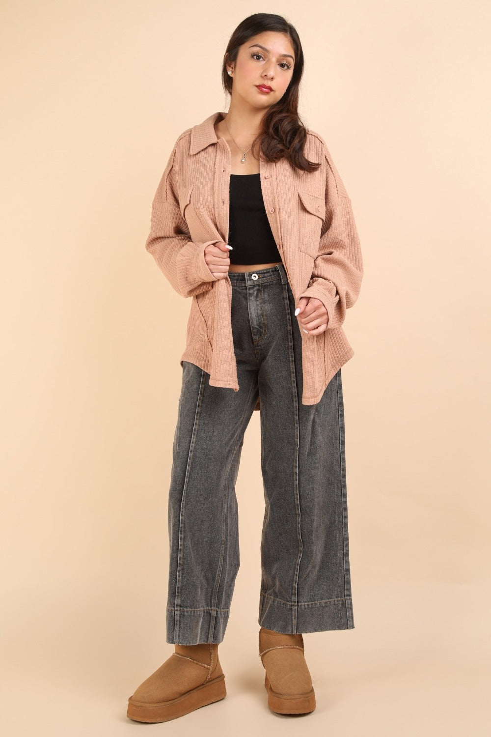 VERY J Button Down Textured Knit Shacket Shirt Apparel Clothing Tops Ship from USA Shirts USA VERY J Women Trendsi https://www.cyberehub.com