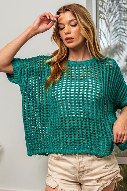 BiBi Hollowed Out Short Sleeve Knit Cover Up Jade Shirt Apparel BiBi Clothing Tops Ship from USA Shirts USA Women Trendsi https://www.cyberehub.com