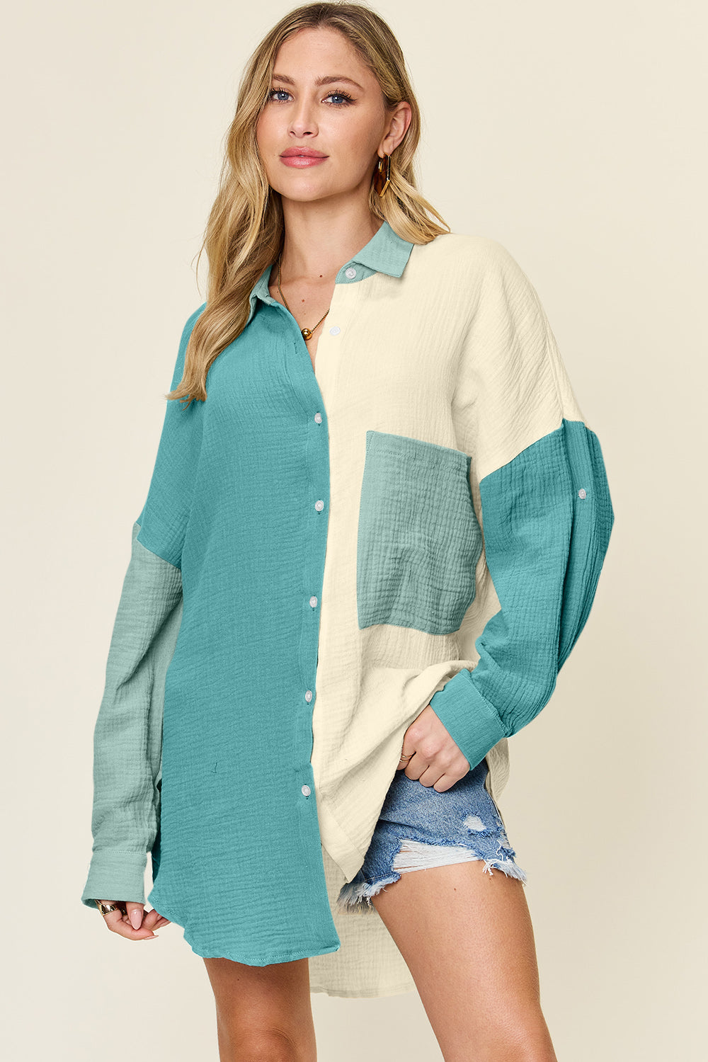 Double Take Full Size Pocketed Texture Button Up Shirt Teal Apparel/Tops Double Take Ship from USA TikTok Tops Trendsi USPS Walmart Walmart Apparel Trendsi https://www.cyberehub.com