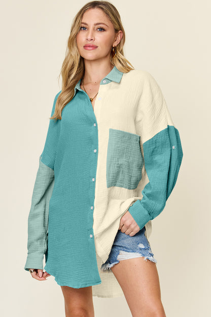 Double Take Full Size Pocketed Texture Button Up Shirt Teal Apparel/Tops Double Take Ship from USA TikTok Tops Trendsi USPS Walmart Walmart Apparel Trendsi https://www.cyberehub.com